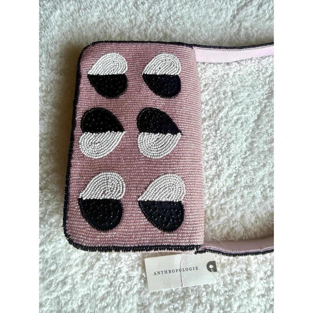 NWT Anthropologie The Fiona Beaded Bag: Icon Edition Pink Black Hearts